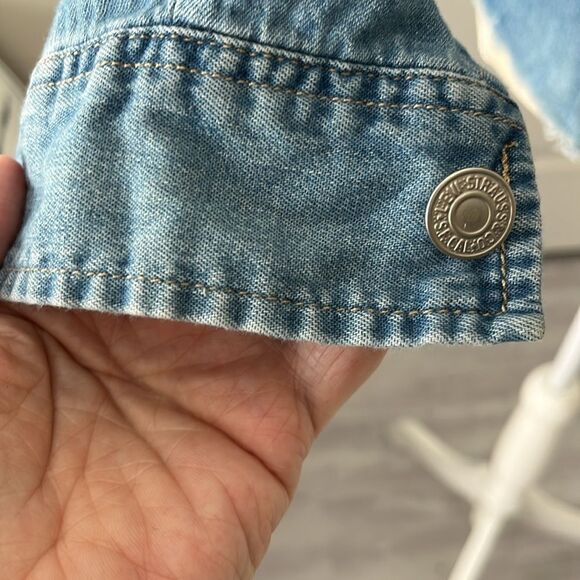 Levi's Med Blue Denim Red Tab Shirt Jacket Frayed Hem SZ 1X - Picture 4 of 11